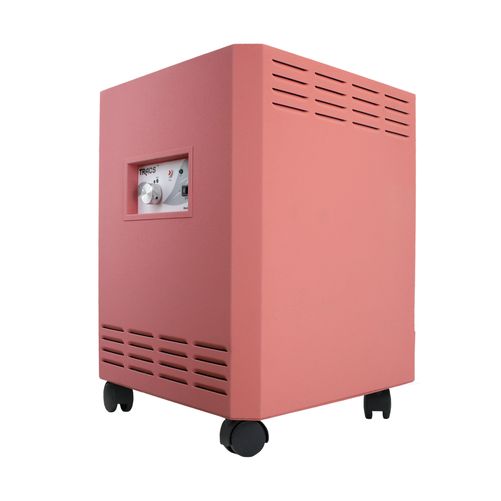 photo of a pink tracs air purifier with uvc and hepa technology
