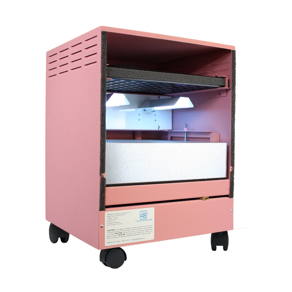photo of a pink uvc and hepa air cleaner manufactured in the usa