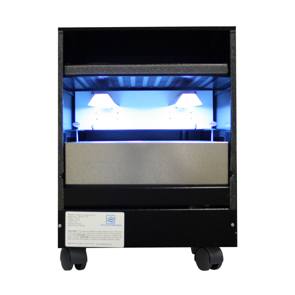 photo of a tracs tm 250 p uvc black colored portable air cleaner