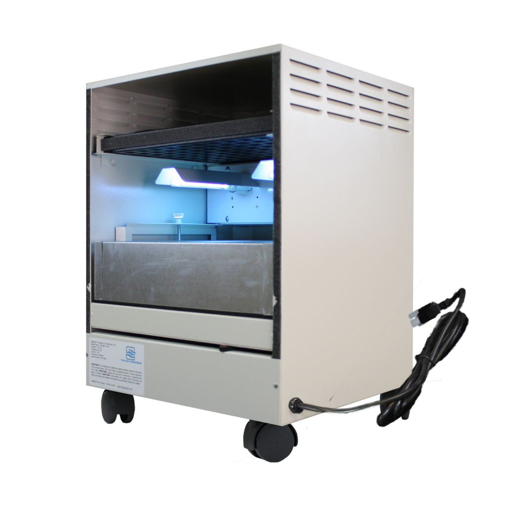 photo of a white air purifier with uvc and hepa filter technology made in america