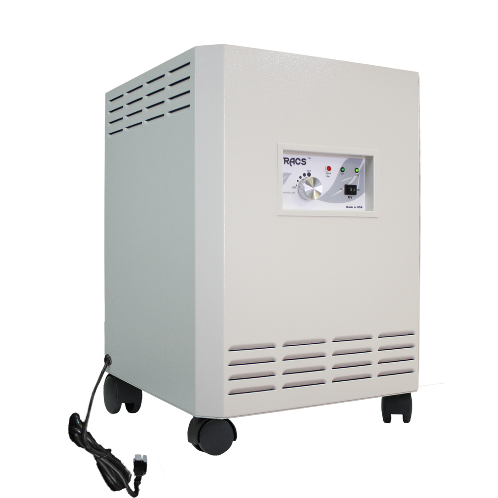 photo of a white tracs air purifier with uvc and hepa technology