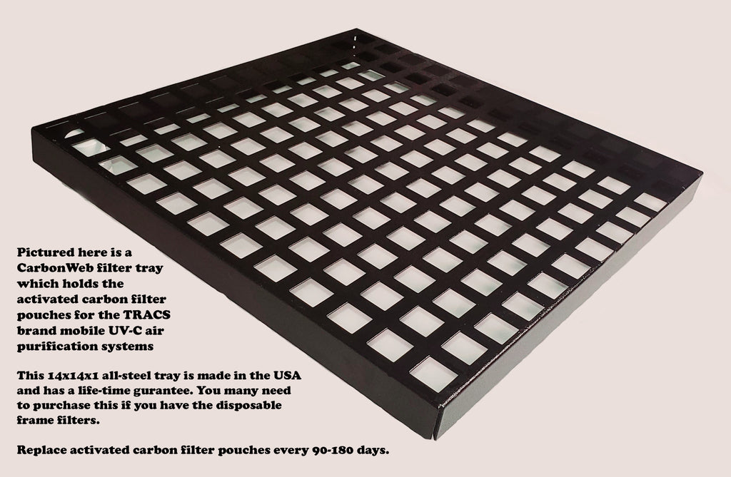 Pictured here is a CarbonWeb 14x4x1 all-steel filter tray which holds the activated carbon filter pouches for TRACS and Envroklenz air purifiers.